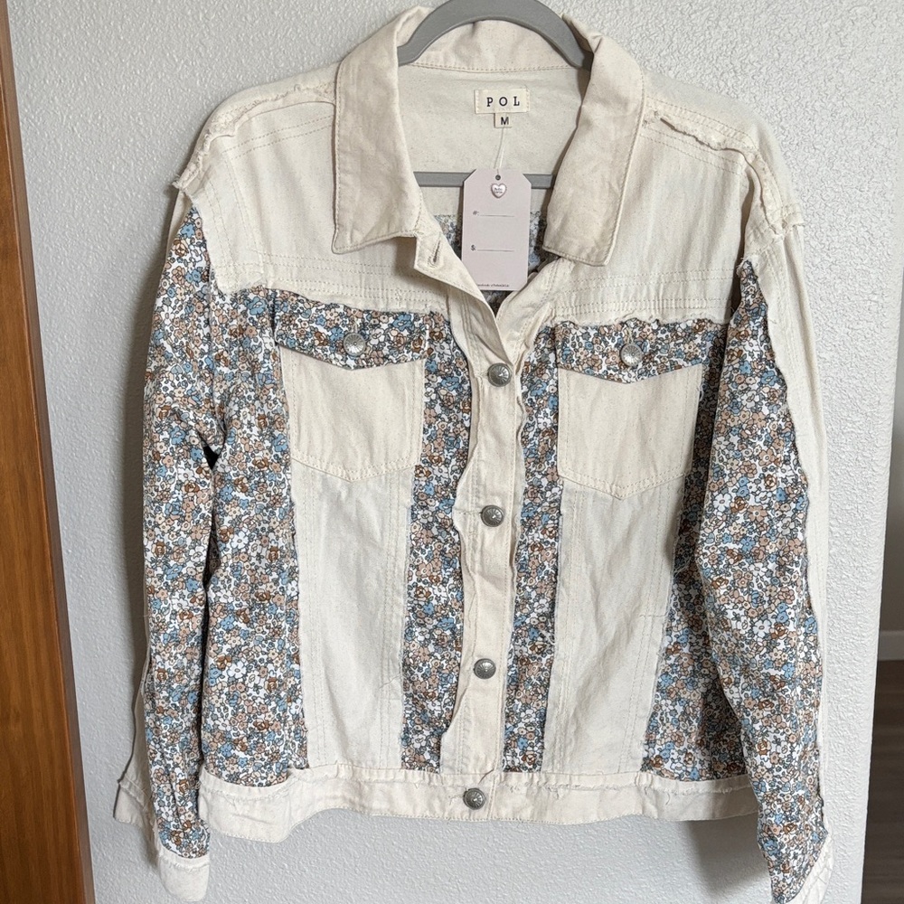 POL Cream Denim Jacket with Blue and Brown Floral Panels